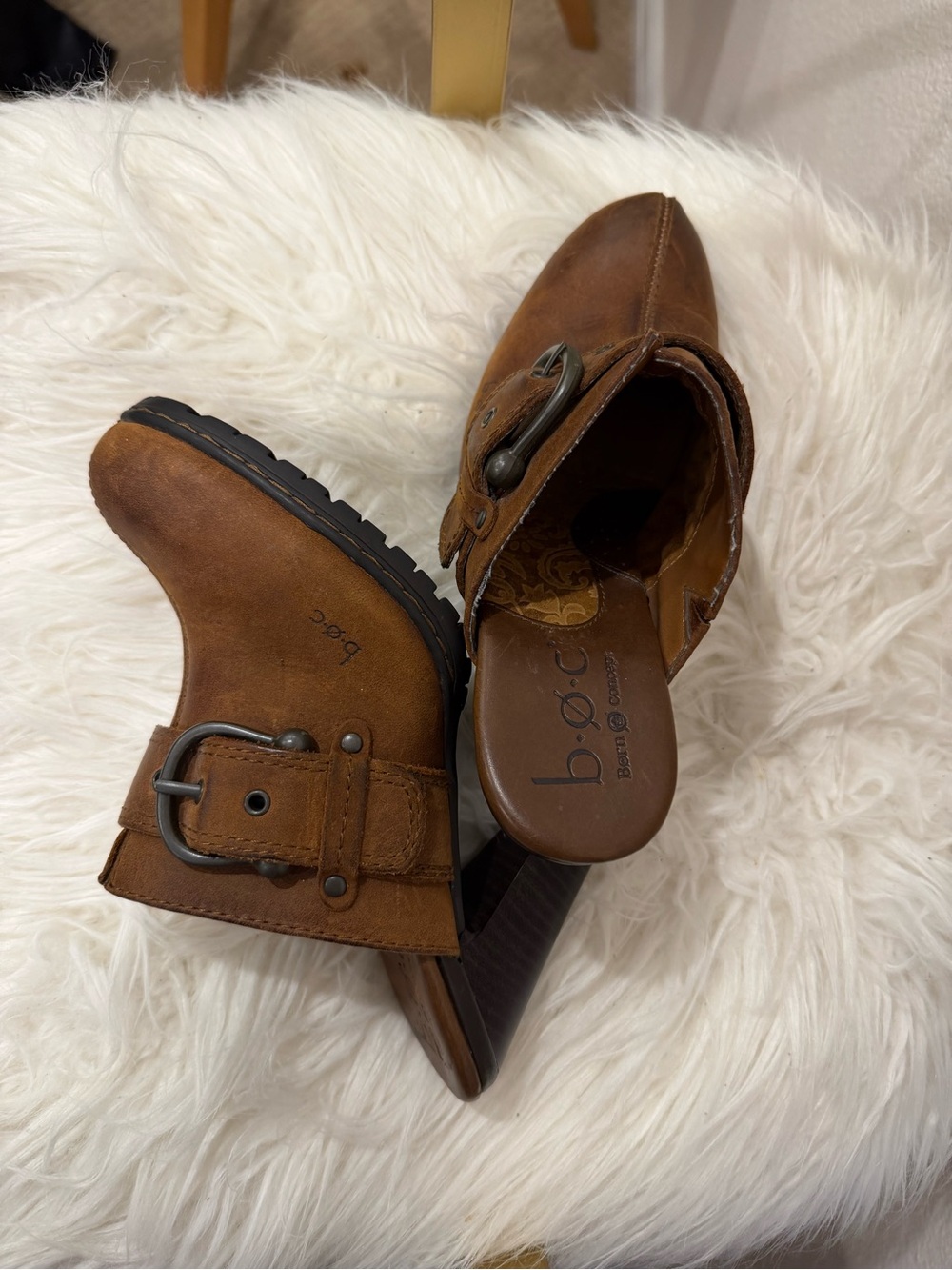 b.o.c. Brown Leather Buckle Mules